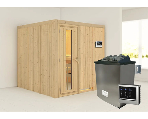 Sauna modulaire Karibu Rondina avec poêle 9 kW et commande extérieure, sans frise de toit, porte en bois avec verre isolé thermiquement Sauna modulaire Karibu Rondina avec poêle 9 kW et commande extérieure, sans frise de toit, porte en bois avec verre isolé thermiquement
