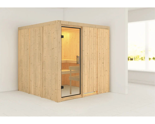 Sauna modulaire Karibu Rodina sans poêle ni couronne, avec porte entièrement vitrée en verre transparent