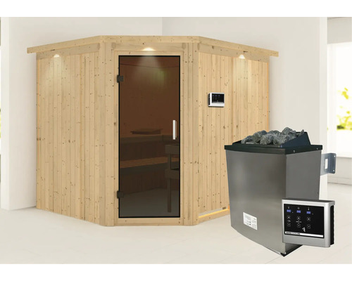 Elementsauna Karibu Malina inkl. 9 kW Ofen u.ext.Steuerung mit Dachkranz und graphitfarbiger Ganzglastür Elementsauna Karibu Malina inkl. 9 kW Ofen u.ext.Steuerung mit Dachkranz und graphitfarbiger Ganzglastür