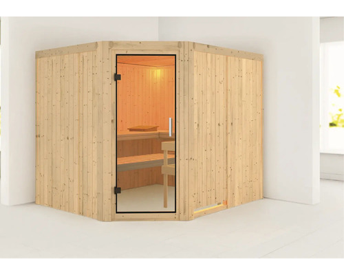 Sauna modulaire Karibu Malina sans poêle sans couronne avec portes entièrement vitrées transparentes