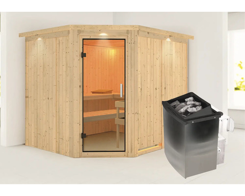 Sauna modulaire Karibu Malina avec poêle 9 kW et commande intégrée avec couronne et portes entièrement vitrées transparentes