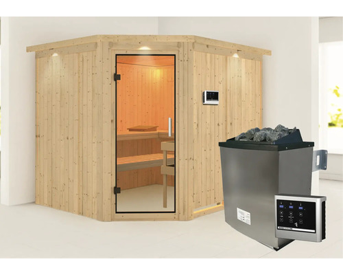 Elementsauna Karibu Malina inkl. 9 kW Ofen u.ext.Steuerung mit Dachkranz und Ganzglastüre aus Klarglas Elementsauna Karibu Malina inkl. 9 kW Ofen u.ext.Steuerung mit Dachkranz und Ganzglastüre aus Klarglas