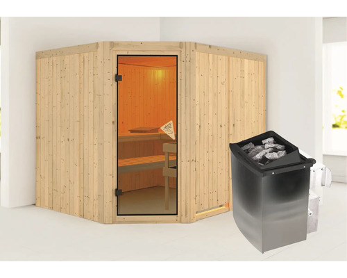 Ecksauna aus Holz mit Glastür und Saunaofen