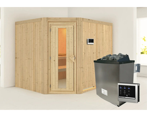 Sauna modulaire Karibu Malina avec poêle 9 kW et commande extérieure, sans frise de toit, porte en bois avec verre isolé thermiquement