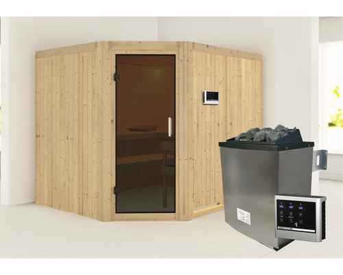 Elementsauna Karibu Malina inkl. 9 kW Ofen u.ext.Steuerung ohne Dachkranz mit graphitfarbiger Ganzglastür Elementsauna Karibu Malina inkl. 9 kW Ofen u.ext.Steuerung ohne Dachkranz mit graphitfarbiger Ganzglastür