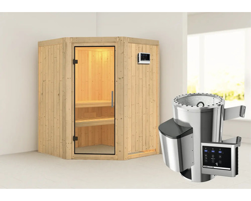 Sauna modulaire Karibu Kanja avec poêle 3,6 kW et commande externe, sans couronne, avec porte entièrement vitrée transparente