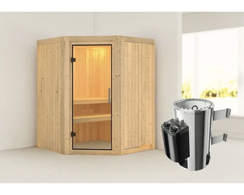 Sauna modulaire Karibu Kanja avec poêle 3,6 kW et commande intégrée sans couronne, avec porte entièrement vitrée transparente