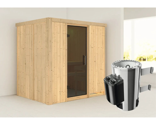 Sauna modulaire Karibu Wanja avec poêle 3,6 kW et commande intégrée sans couronne avec porte entièrement vitrée coloris graphite Sauna modulaire Karibu Wanja avec poêle 3,6 kW et commande intégrée sans couronne avec porte entièrement vitrée coloris graphite