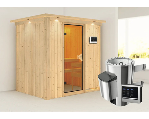 Sauna modulaire Karibu Wanja avec poêle 3,6 kW et commande externe, avec couronne et porte entièrement vitrée coloris bronze Sauna modulaire Karibu Wanja avec poêle 3,6 kW et commande externe, avec couronne et porte entièrement vitrée coloris bronze