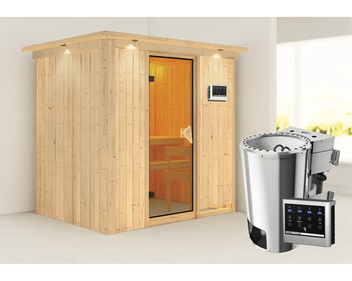 Sauna modulaire Karibu Wanja avec poêle bio 3,6 kW et commande externe, avec couronne et porte entièrement vitrée coloris bronze Sauna modulaire Karibu Wanja avec poêle bio 3,6 kW et commande externe, avec couronne et porte entièrement vitrée coloris bronze