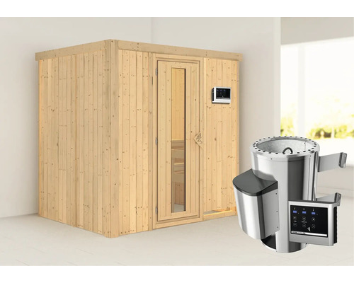 Sauna modulaire Karibu Wanja avec poêle 3,6 kW et commande intégrée, sans couronne avec porte bois en verre isolé thermiquement Sauna modulaire Karibu Wanja avec poêle 3,6 kW et commande intégrée, sans couronne avec porte bois en verre isolé thermiquement