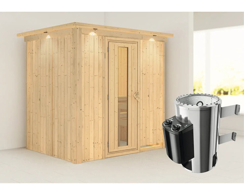 Sauna modulaire Karibu Achat V avec poêle 3,6 kW et commande intégrée, avec couronne et porte bois en verre isolé thermiquement Sauna modulaire Karibu Achat V avec poêle 3,6 kW et commande intégrée, avec couronne et porte bois en verre isolé thermiquement
