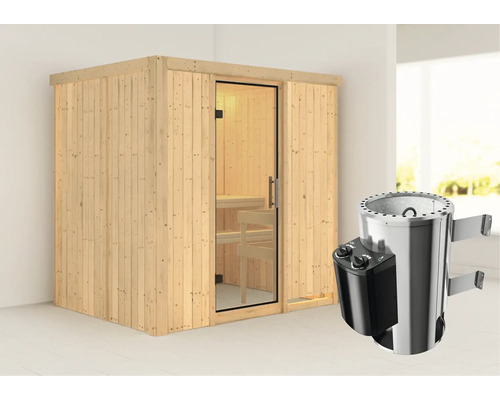 Sauna modulaire Karibu Wanja avec poêle 3,6 kW et commande intégrée sans couronne, avec porte entièrement vitrée transparente Sauna modulaire Karibu Wanja avec poêle 3,6 kW et commande intégrée sans couronne, avec porte entièrement vitrée transparente