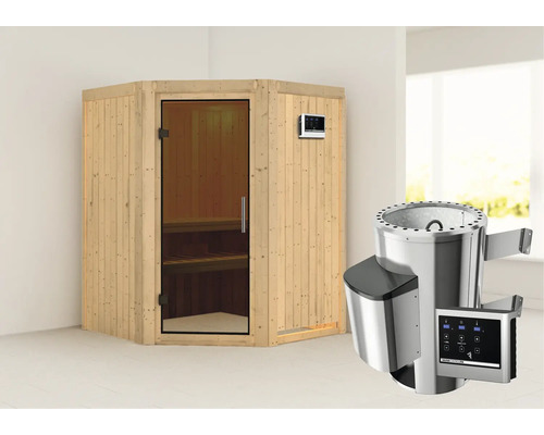 Sauna modulaire Karibu Kanja avec poêle 3,6 kW et commande externe, sans couronne avec porte entièrement vitrée coloris graphite