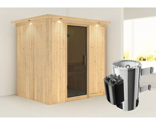 Sauna modulaire Karibu Wanja avec poêle 3,6 kW et commande intégrée avec couronne et porte entièrement vitrée coloris graphite Sauna modulaire Karibu Wanja avec poêle 3,6 kW et commande intégrée avec couronne et porte entièrement vitrée coloris graphite