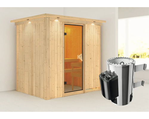 Elementsauna Karibu Wanja inkl. 3,6 kW Ofen u.integr.Steuerung mit Dachkranz und bronzierter Ganzglastüre