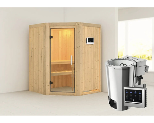 Sauna modulaire Karibu Kanja avec poêle bio 3,6 kW et commande externe, sans couronne, avec porte entièrement vitrée transparente