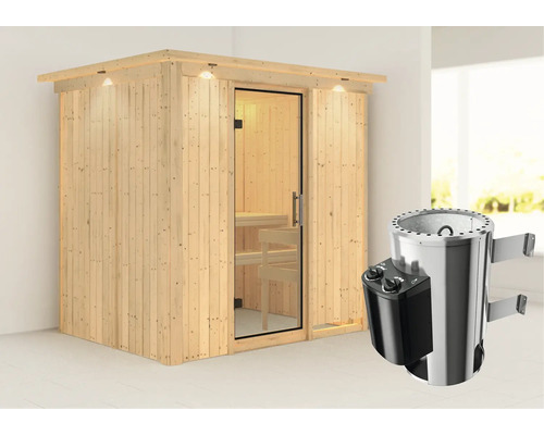 Sauna modulaire Karibu Wanja avec poêle 3,6 kW et commande intégrée avec couronne et porte entièrement vitrée transparente Sauna modulaire Karibu Wanja avec poêle 3,6 kW et commande intégrée avec couronne et porte entièrement vitrée transparente