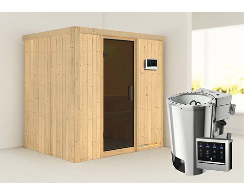 Elementsauna Karibu Wanja inkl. 3,6 kW Bio Ofen u.ext.Steuerung ohne Dachkranz mit graphitfarbiger Ganzglastüre