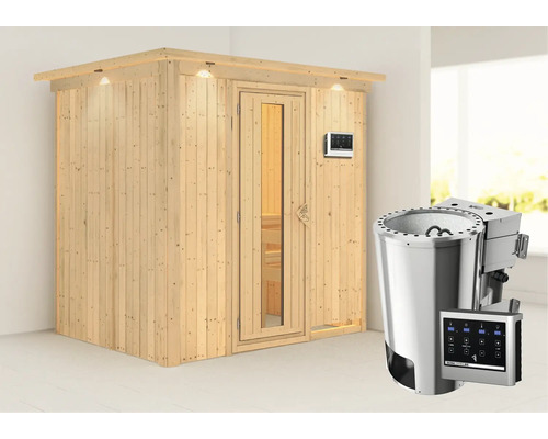 Plug & Play Sauna Karibu Wanja inkl. 3,6 kW Bio Ofen u.ext.Steuerung mit Dachkranz und Holztüre aus Isolierglas wärmegedämmt Plug & Play Sauna Karibu Wanja inkl. 3,6 kW Bio Ofen u.ext.Steuerung mit Dachkranz und Holztüre aus Isolierglas wärmegedämmt