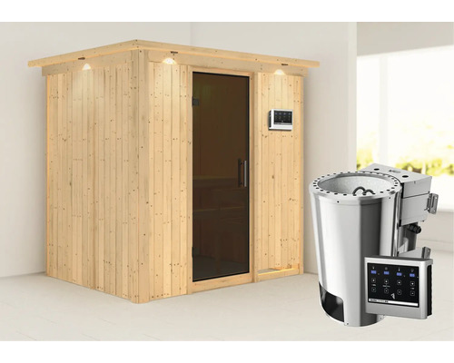 Elementsauna Karibu Wanja inkl. 3,6 kW Bio Ofen u.ext.Steuerung mit Dachkranz und graphitfarbiger Ganzglastüre Elementsauna Karibu Wanja inkl. 3,6 kW Bio Ofen u.ext.Steuerung mit Dachkranz und graphitfarbiger Ganzglastüre