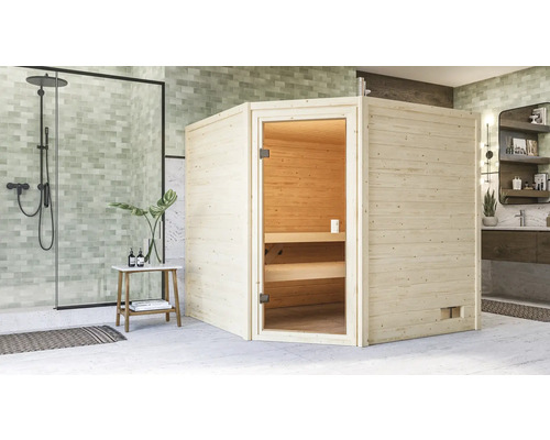 Sauna en bois massif Karibu Tida sans poêle ni couronne avec porte entièrement vitrée couleur bronze