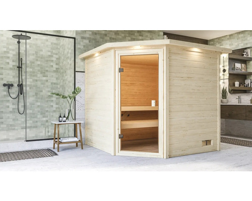 Sauna en bois massif Karibu Tida sans poêle avec couronne et porte entièrement vitrée couleur bronze