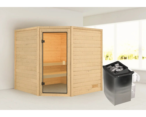 Sauna en madriers Karibu Tida avec poêle 9 kW et commande intégrée, sans couronne avec porte entièrement vitrée couleur bronze