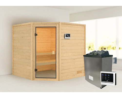 Sauna en madriers Karibu Tida avec poêle 9 kW et commande ext., sans couronne avec porte entièrement vitrée couleur bronze