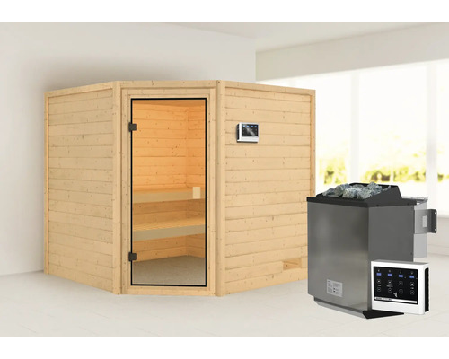 Sauna en madriers Karibu Tida avec poêle bio 9 kW et commande ext., sans couronne avec porte entièrement vitrée couleur bronze