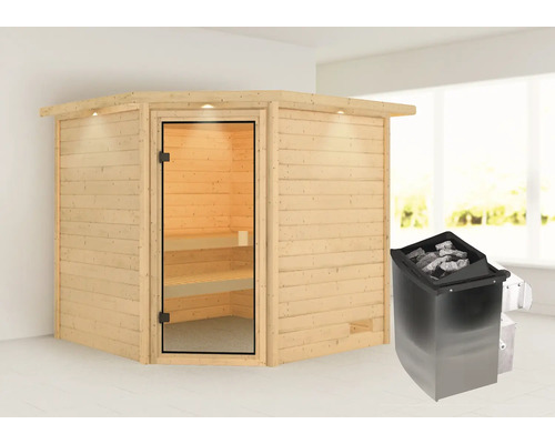 Sauna en madriers Karibu Tida avec poêle 9 kW et commande intégrée, avec couronne et porte entièrement vitrée couleur bronze