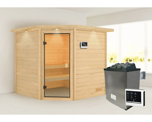 Sauna en madriers Karibu Tida avec poêle 9 kW et commande ext. avec couronne et porte entièrement vitrée couleur bronze