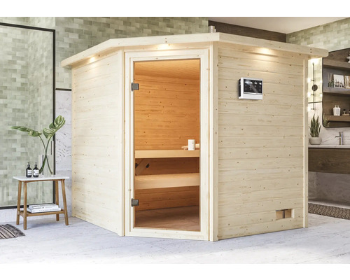 Sauna en madriers Karibu Tida avec poêle bio 9 kW et commande ext. avec couronne et porte entièrement vitrée couleur bronze