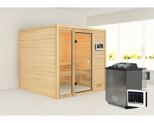 Sauna en bois massif Karibu Jutta avec poêle bio 9 kW et commande externe sans couronne avec porte entièrement vitrée couleur bronze