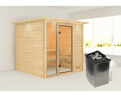 Sauna en madriers Karibu Jutta avec poêle 9 kW et commande intégrée avec couronne et porte entièrement vitrée couleur bronze