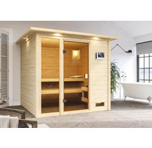 Sauna en bois avec porte en verre et élément de commande dans la salle de bain.