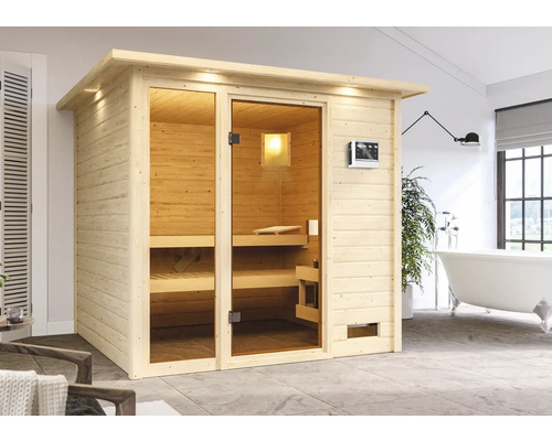 Sauna en madriers Karibu Jutta avec poêle bio 9 kW et commande ext. avec couronne et porte entièrement vitrée couleur bronze