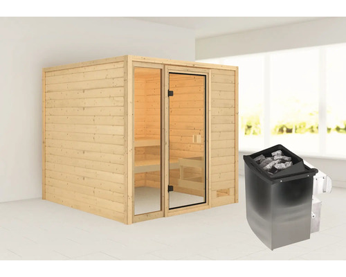 Sauna en bois massif Karibu Jutta avec poêle 9 kW et commande intégrée sans couronne avec porte entièrement vitrée couleur bronze