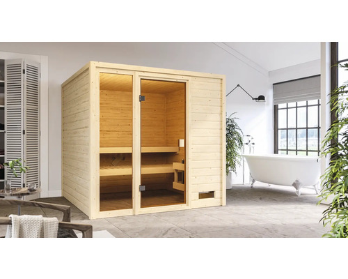 Sauna en bois massif Karibu Jutta sans poêle ni couronne avec porte entièrement vitrée couleur bronze