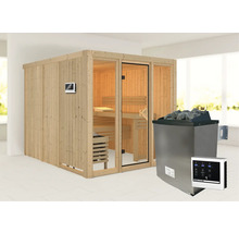 Sauna modulaire Karibu Laskaja avec poêle 9 kW et commande extérieure, sans couronne, avec porte entièrement vitrée coloris bronze