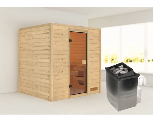 Sauna en bois massif Karibu Adelina avec poêle 9 kW et commande intégrée sans couronne avec porte entièrement vitrée couleur bronze