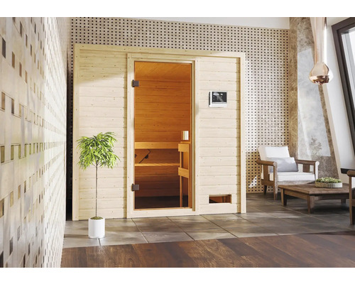 Sauna en bois massif Karibu Adelina sans poêle ni couronne avec porte entièrement vitrée couleur bronze