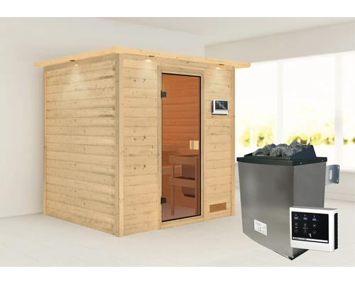 Sauna en madriers Karibu Adelina avec poêle 9 kW et commande intégrée, avec couronne et porte entièrement vitrée couleur bronze