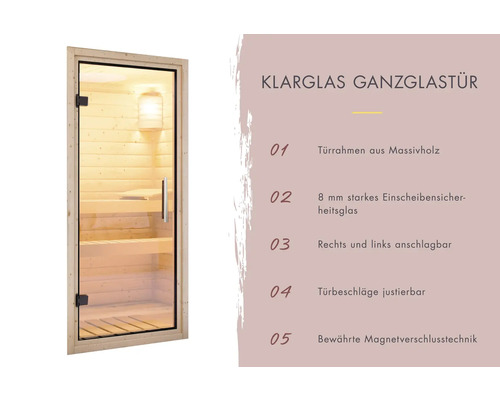 Saunatür aus Klarglas mit Massivholzrahmen
