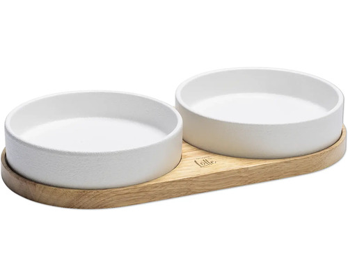 Double écuelle Designed by Lotte Dinnerset chat Lojs support à écuelle en bois env. 34 x 17 x 5 cm avec 2 écuelles en céramique, adapté au lave-vaisselle env. 16 x 16 x 3,5 cm, respectivement 350 ml