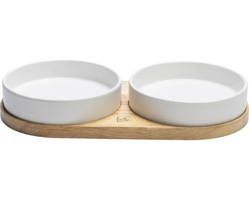 Gamelle double pour chien en céramique avec plateau en bois