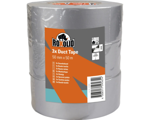 ROXOLID Bande textile Duct Tape / Gaffa Tape argent 50 mm x 50 m 3 pièces Ruban adhésif en tissu Roxolid, 50 millimètres sur 50 mètres