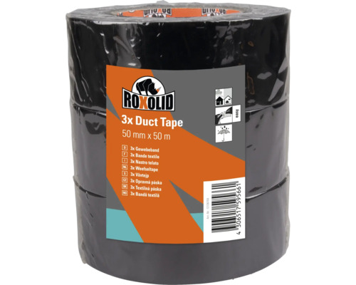 ROXOLID Bande textile Duct Tape / Gaffa Tape noir 50 mm x 50 m 3 pièces Roxolid Lot de 3 rouleaux de ruban adhésif toilé, 50 millimètres sur 50 mètres chacun