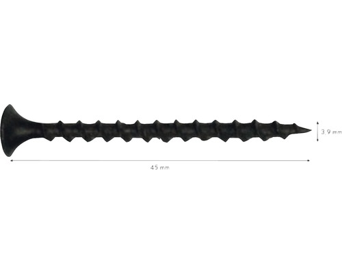 Vis à bois noire, 45 millimètres de long et 3,9 millimètres de large