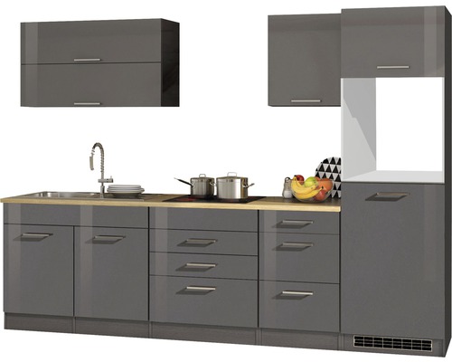 Held Möbel Küchenzeile Mailand 290 cm Frontfarbe grau Hochglanz Korpusfarbe graphit